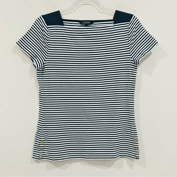 Lauren Ralph Lauren Womens Blue White Short Sleeve Striped T Shirt Size L - Picture 1 of 6